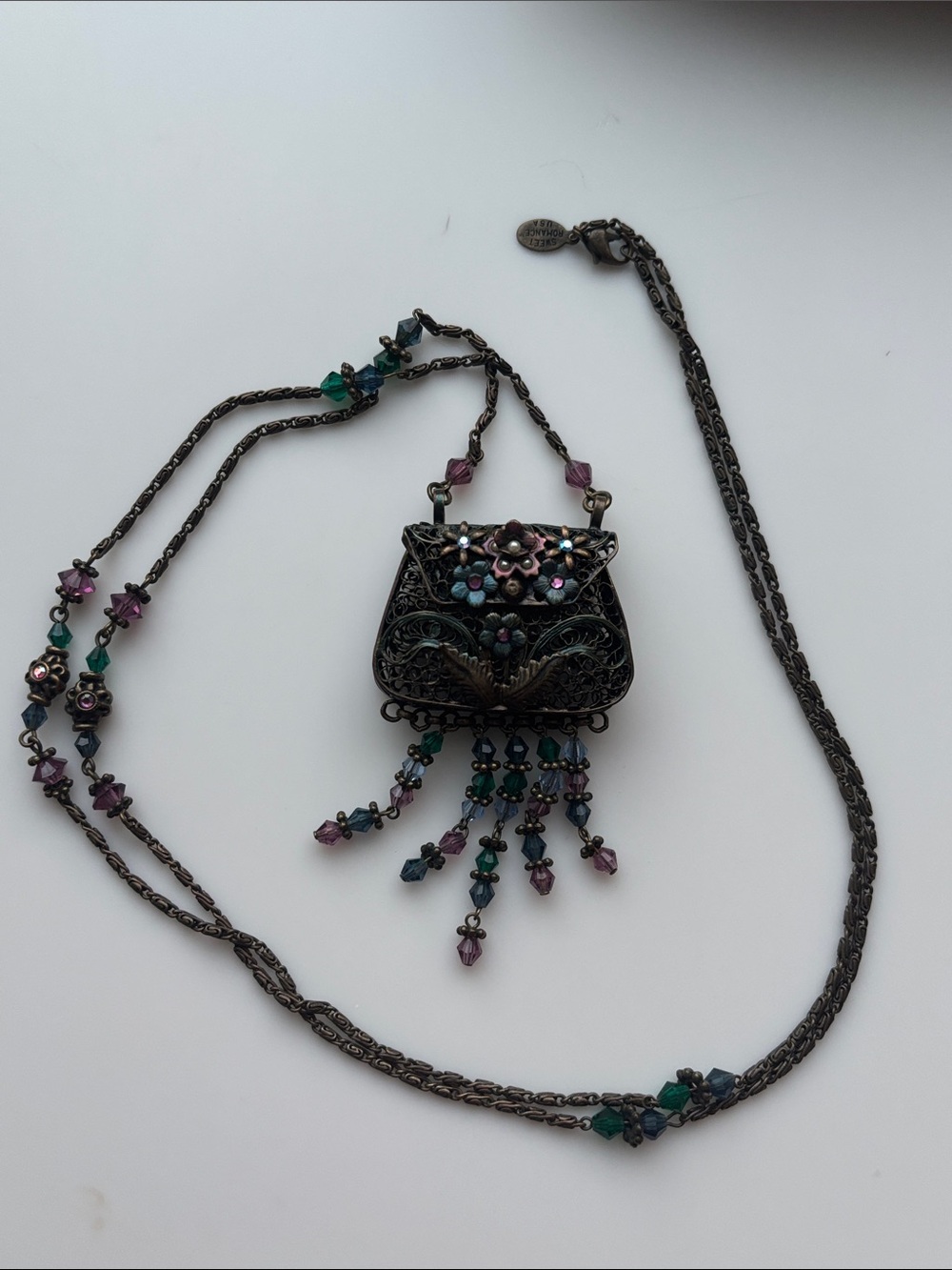 Sweet Romance Vintage Filigree Purse Pendant Necklace in Green & Purple Accents